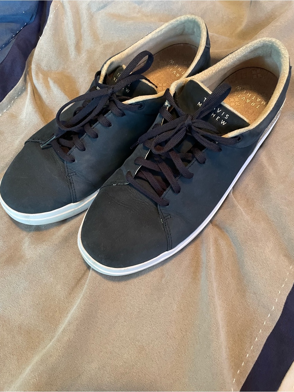 TRAVISMATHEW The Moden Cup Leather Sneaker Shoe Blue w/Tan Heel - Mens 10.5